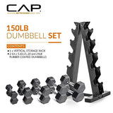 150 LB Coated Hex Dumbbell Weight Set with Vertical Rack, Black