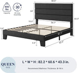 Queen Size Upholstered Platform Bed Frame, Dark Gray Fabric Bed with Headboard for Bedroom