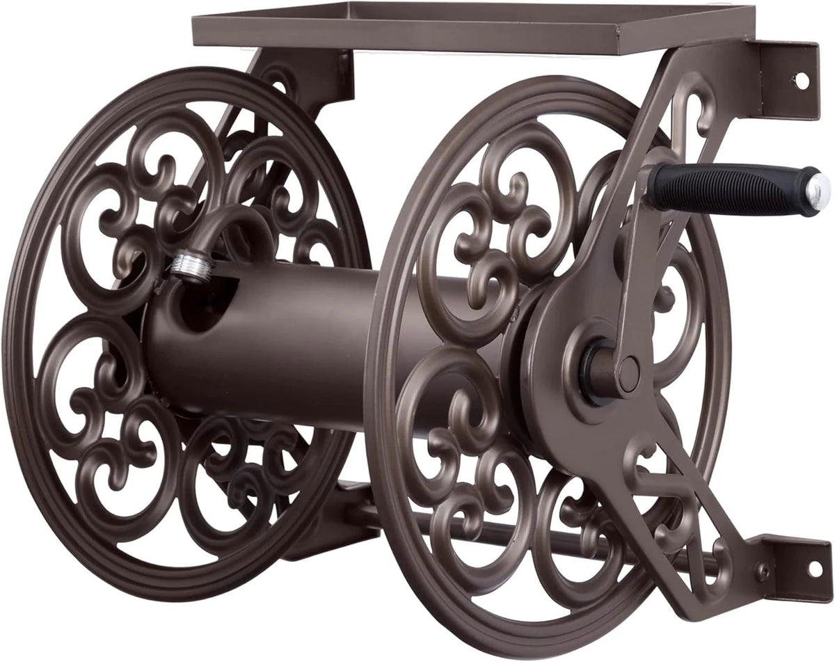 Steel Decorative Wall Mount Garden Hose Reel, Outdoor Garden Hose Storage Holder for Patio and Yard