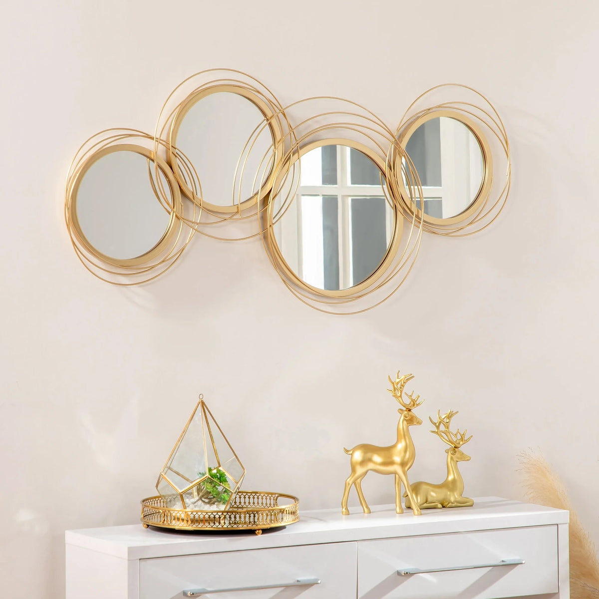 Modern Gold Metal Wall Art with Mirror, Decorative Hanging Wall Sculpture for Living Room, Bedroom and Dining Room