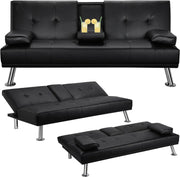 View Yaheetech Convertible Sofa Bed Adjustable Couch Sleeper Modern Faux Leather Home Recliner Reversible Loveseat Folding Daybed Guest Bed, Removable Armrests, Cup Holders, 3 Angles, 772lb Capacity, Black image 5