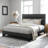 Queen Size Upholstered Platform Bed Frame, Dark Gray Fabric Bed with Headboard for Bedroom