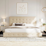 Upholstered Queen Size Platform Bed Frame with 4 Storage Drawers and Headboard, Square Stitched Button Tufted, Mattress Foundation with Wooden Slats Support, No Box Spring Needed, Light Grey