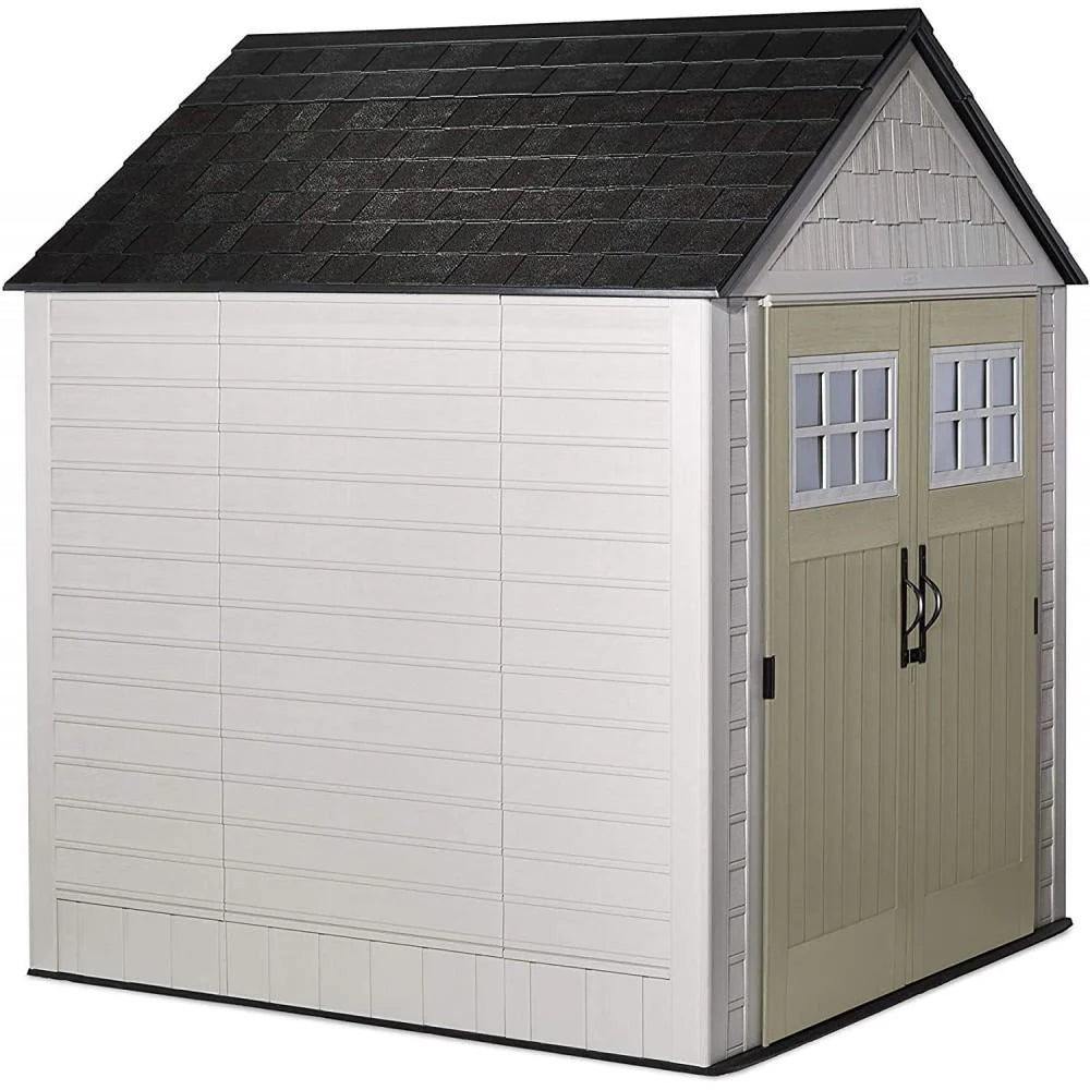 Rubbermaid 7�7 Ft Durable Weather Resistant Resin Outdoor Garden Storage Shed with Windows and Utility Hooks, Sand