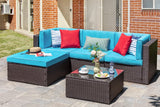 5-Piece All-Weather Patio Furniture Set with Ottoman, Outdoor Wicker Conversation Sofa Set with Cushions for Garden, Deck & Backyard