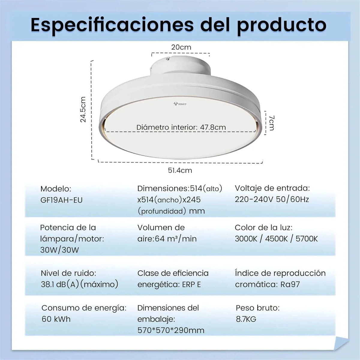 Silencioso Sin Aspas Ventilador de Techo con Luz Regulable 60W 30W Motor DC 30W Luz CCT 3000-5700K LED Lampara Ventilador Techo y Mando 6Velocidades