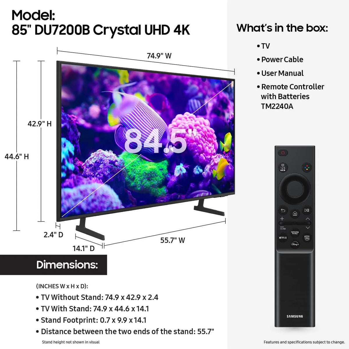 Samsung 85�测�� Crystal UHD 4K Smart TV DU7200B with PurColor, HDR, and Tizen OS �� 2024 Model