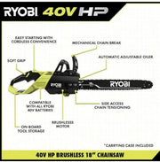 View Ryobi 18�测�� 40V Cordless Chainsaw Kit with Battery & Charger, Green image 6