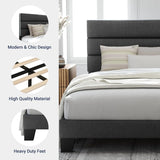 Queen Size Upholstered Platform Bed Frame, Dark Gray Fabric Bed with Headboard for Bedroom