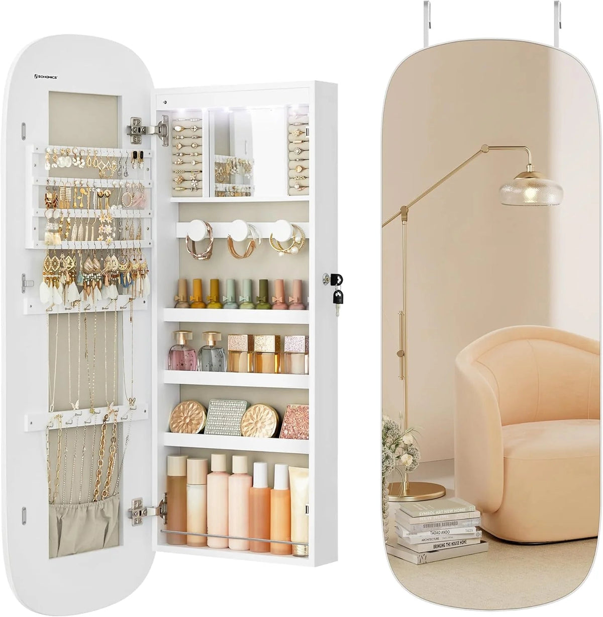 LED Jewelry Organizer Cabinet, Wall or Door Mounted Jewelry Storage Mirror with LED Lights
