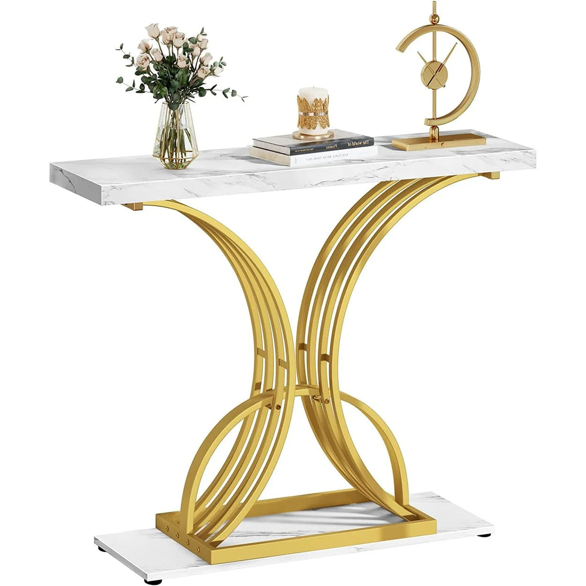 Modern Gold Console Table with Marbled Top, Sofa Table for Entryway and Hallway