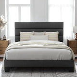 Queen Size Upholstered Platform Bed Frame, Dark Gray Fabric Bed with Headboard for Bedroom