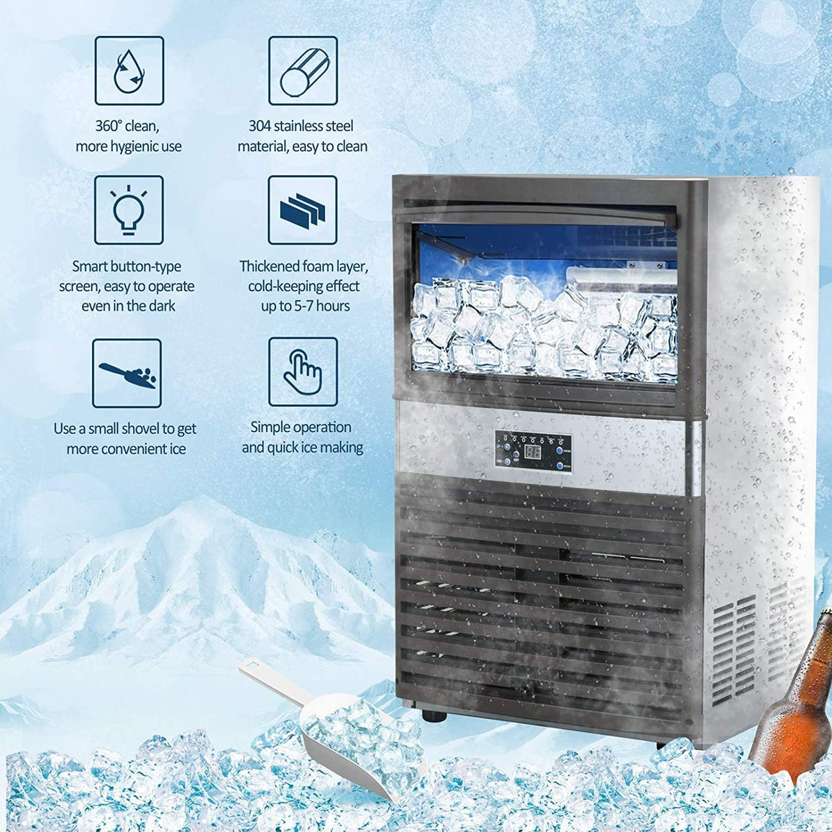 YUTGMasst Commercial Ice 锟斤拷 110LBS/24H Stainless Steel Free-Standing Ice Machine Maker Air Cooling Ice