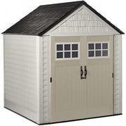 View Rubbermaid 7�7 Ft Durable Weather Resistant Resin Outdoor Garden Storage Shed with Windows and Utility Hooks, Sand image 1