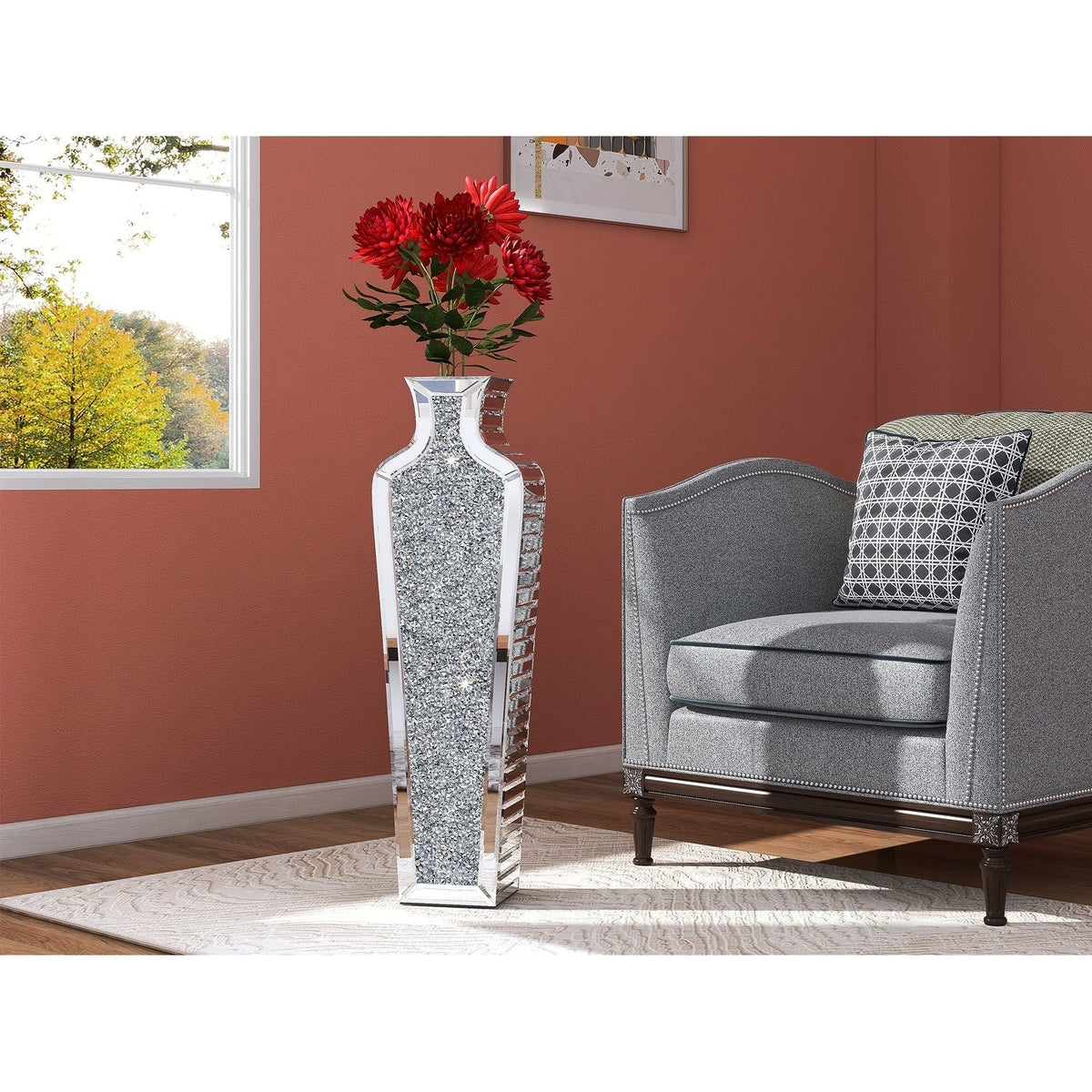 Tall Crushed Diamond Floor Vase, Luxury Decorative Crystal Accent Vase for Living Room, Bedroom and Home Decor