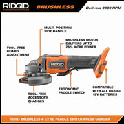 View RIDGID 18V Brushless Cordless 4-1/2 in. Paddle Switch Angle Grinder with (2) 4.0 Ah Batteries, Charger, and Bag R86047B-AC93044SBN image 3