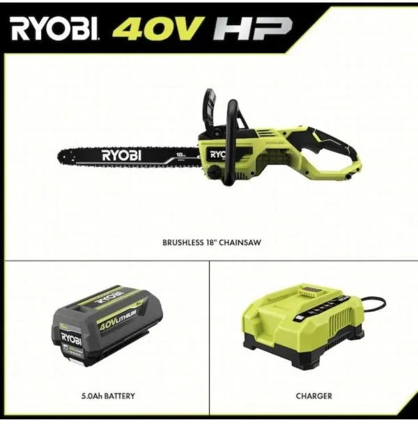 Ryobi 18�测�� 40V Cordless Chainsaw Kit with Battery & Charger, Green