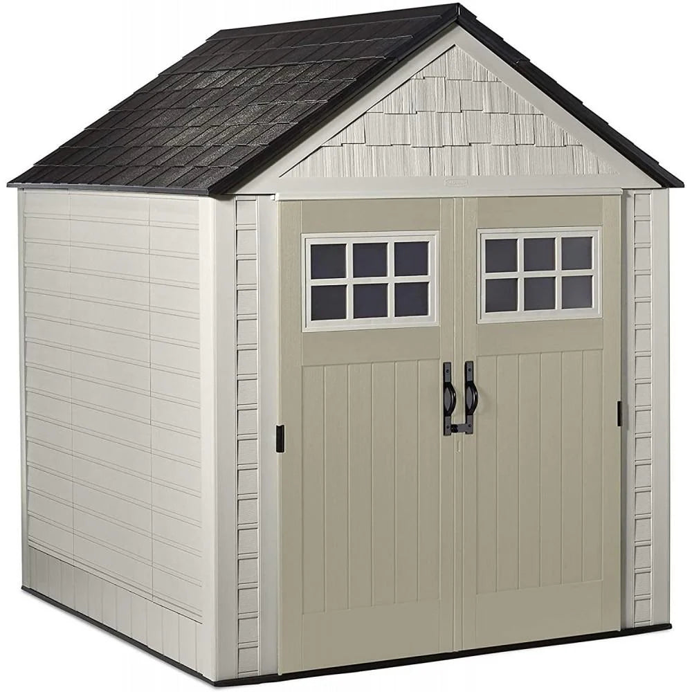 Rubbermaid 7�7 Ft Durable Weather Resistant Resin Outdoor Garden Storage Shed with Windows and Utility Hooks, Sand