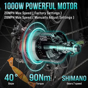 View Electric Bike for Adults 1000W, 48V 17.5AH Battery Adult Electric Bicycles, 26 Fat Tire Full Suspension Ebike, 28MPH Mountain Beach E Bike, 7 Speed, image 2