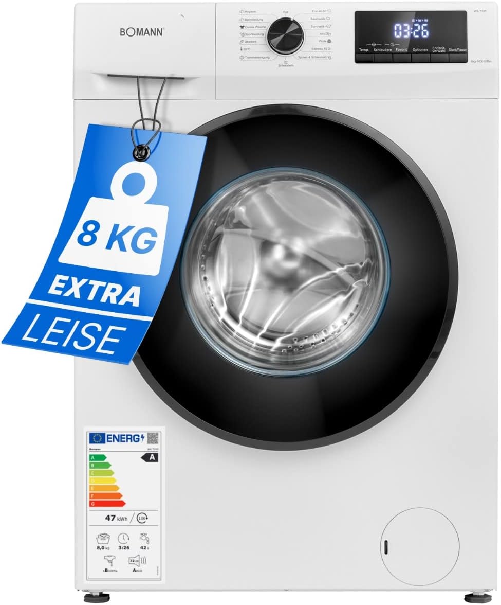 Bomann Waschmaschine 8kg | max. 1400 U/min | 10 Jahre Motor-Garantie | robuster, leiser & langlebiger Invertermotor | 15 Waschprogramme | LED-Display