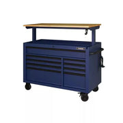 View Heavy-Duty 52 in. 9-Drawer Mobile Workbench with Adjustable-Height Solid Wood Top in Matte Blue image 4