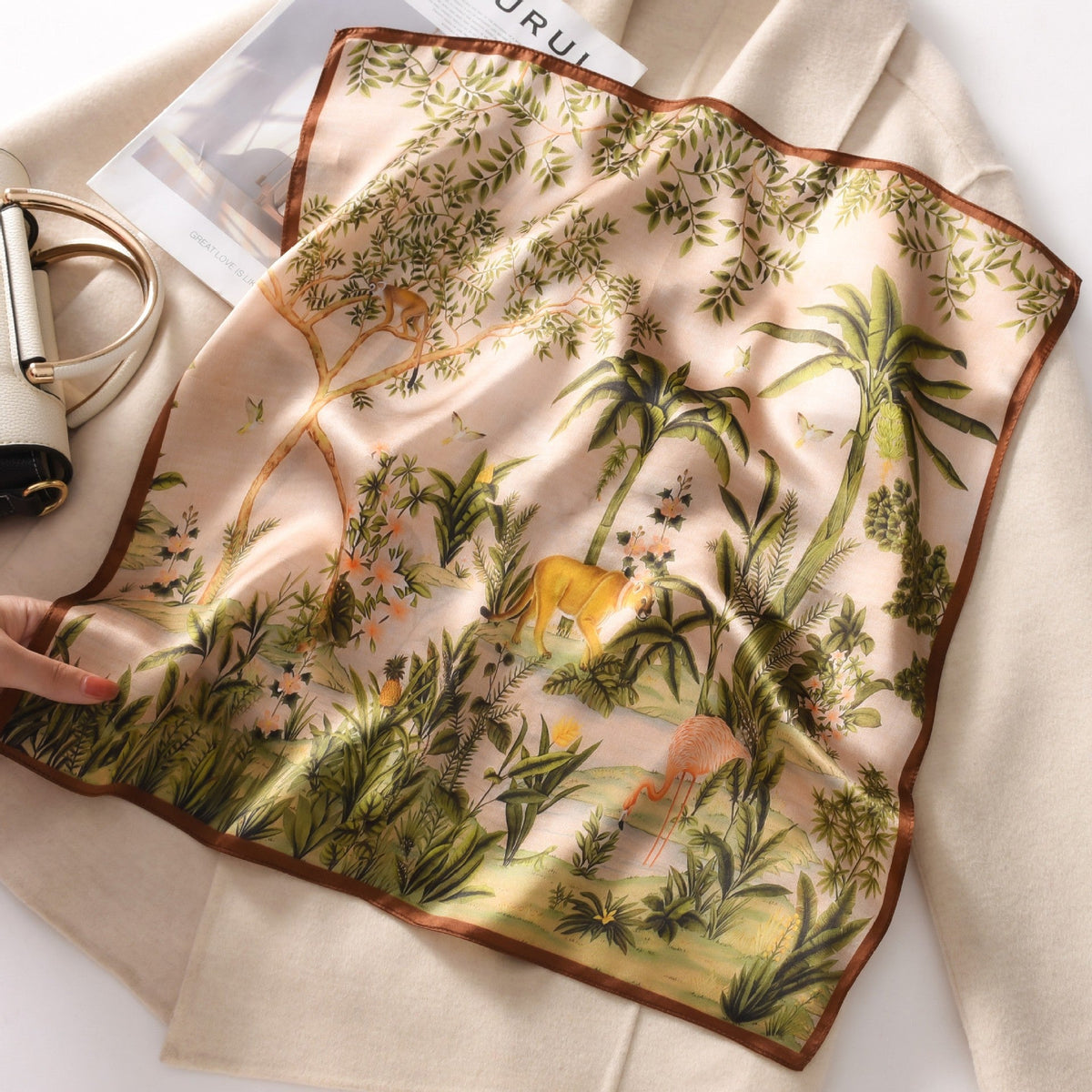 BOFAN 100% Mulberry Silk Printed Square Scarf for Women, 53 × 53 cm