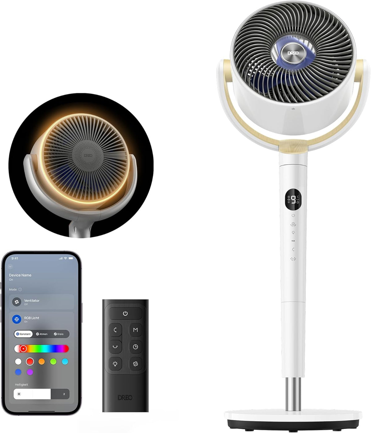 Dreo Smart Standventilator mit RGB Light, 120° +120° Oszillierender Ventilator mit Fernbedienung, 20dB Leiser Bodenventilator für Schlafzimmer, 8H