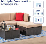 5-Piece All-Weather Patio Furniture Set with Ottoman, Outdoor Wicker Conversation Sofa Set with Cushions for Garden, Deck & Backyard