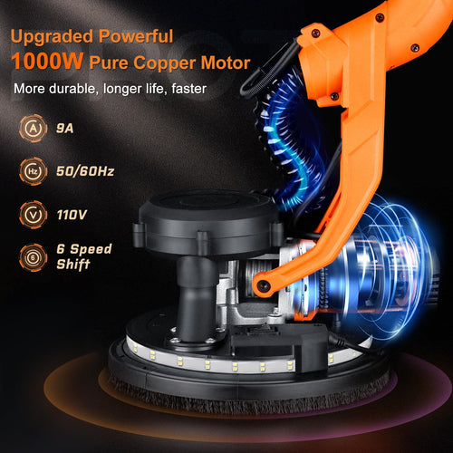 1000W Drywall Sander with Vacuum and LED Light, Electric Wall and Ceiling Sander with Dust Collection