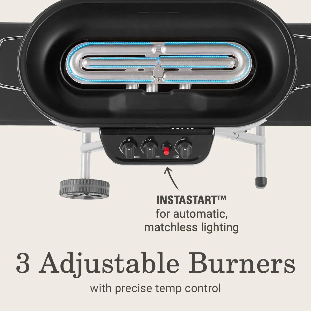 RoadTrip Portable Stand-Up Propane Grill with 3 Adjustable Burners & Instastart Ignition, 20,000 BTUs of Power for Outdoor Cooking