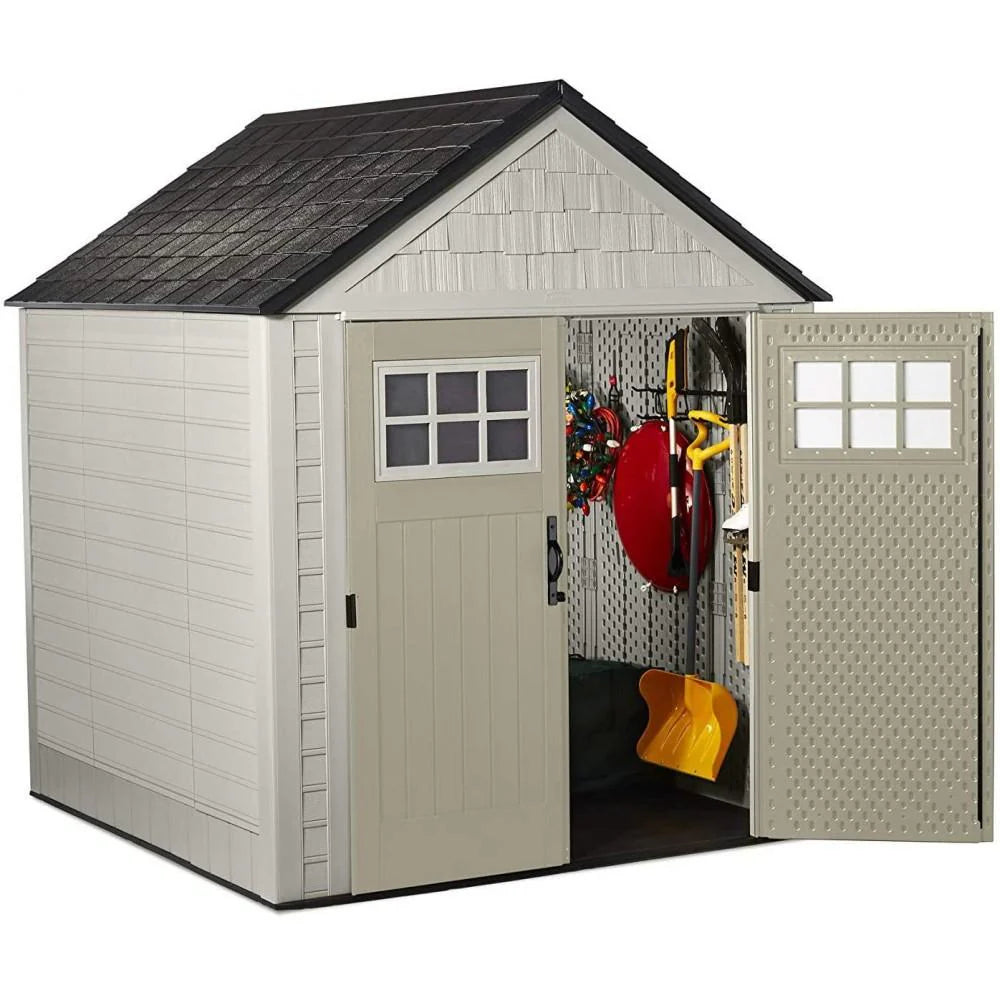 Rubbermaid 7�7 Ft Durable Weather Resistant Resin Outdoor Garden Storage Shed with Windows and Utility Hooks, Sand