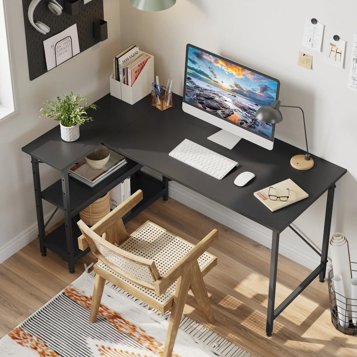 Small L Shaped Computer Desk with Storage Shelves, Compact Corner Workstation for Home Office and Study