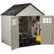 View Rubbermaid 7�7 Ft Durable Weather Resistant Resin Outdoor Garden Storage Shed with Windows and Utility Hooks, Sand image 6
