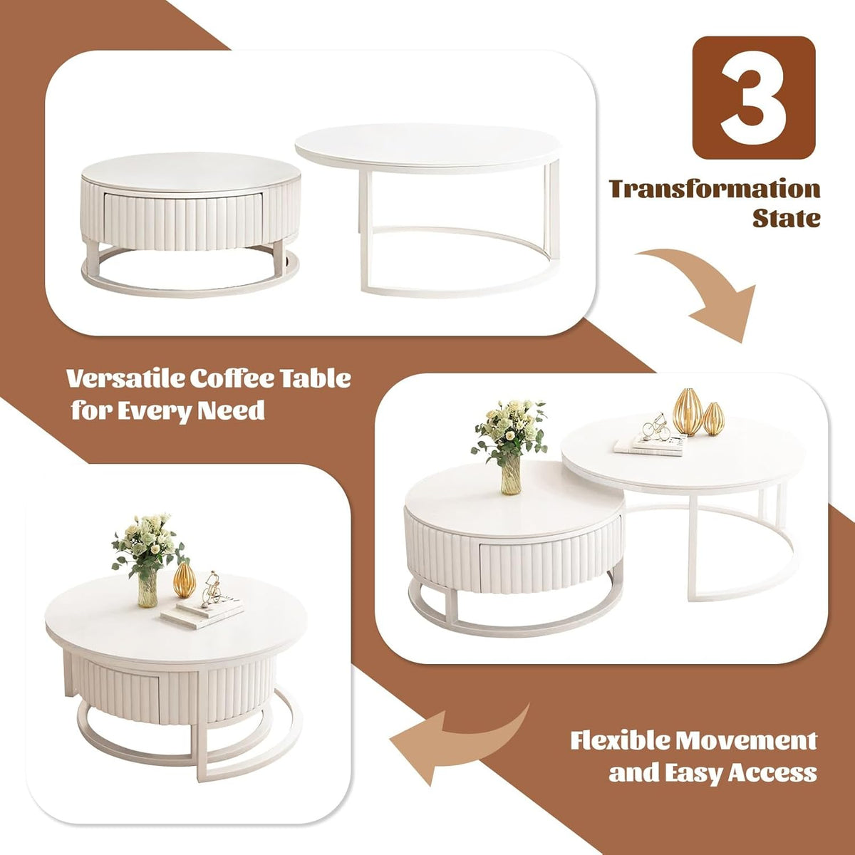 2er Set Couchtisch Rund Weiss 50+70cm Wohnzimmertisch Weiß Runder Couchtisch Mit Stauraum Marmor Beistelltisch Stabilem Metallgestel Satztische Fürs