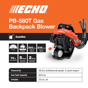 View ECHO PB-580T 58.2cc Gas Backpack Leaf Blower, 216 MPH, 517 CFM, 2-Stroke Engine, Tube Throttle image 3