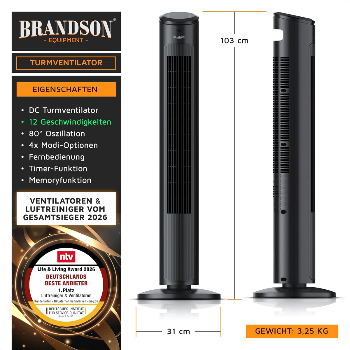Brandson - Turmventilator – sehr leise - Schlaf Modus – Sieger Ventilatoren und Luftkühler 2026-12 Geschwindigkeitsstufen – Oszillation – mit