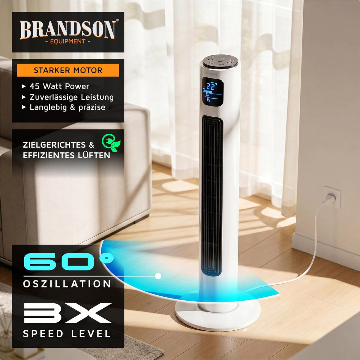 Brandson - Turmventilator mit Fernbedienung 96 cm - Preisträger 2026 - mobiler Lüfter leise - Standventilator mit Oszilation - 3 Geschwindigkeiten 3