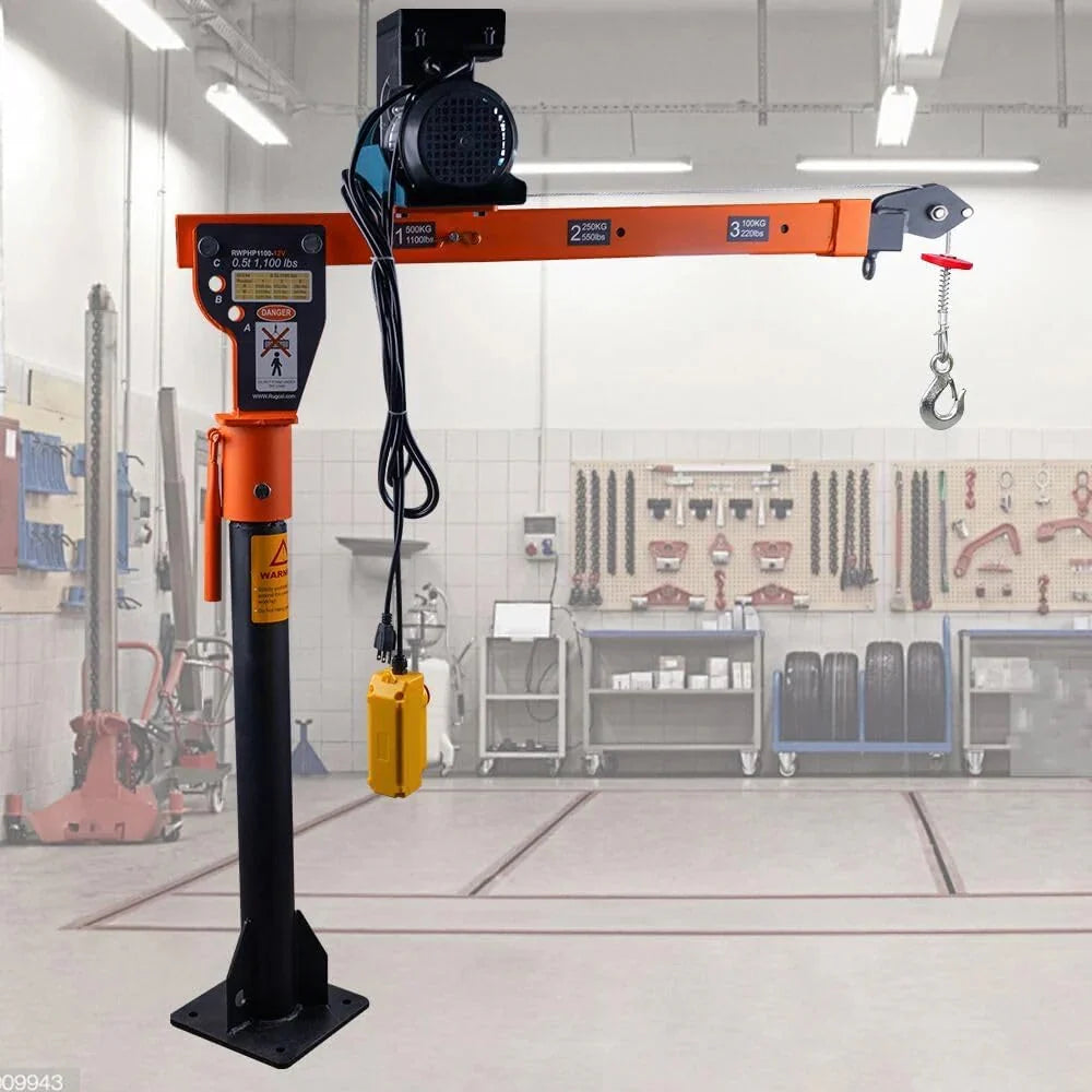 1100lb Folding Dismountable Household Hoist Truck Crane with Electric Hoist (110V) – 880lb Pulling Force, Jib Cranes for Factory, Warehouse,