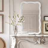 Curved Scallop Wood Frame Accent Mirror, Modern Decorative Wall Mirror for Living Room, Bedroom and Entryway