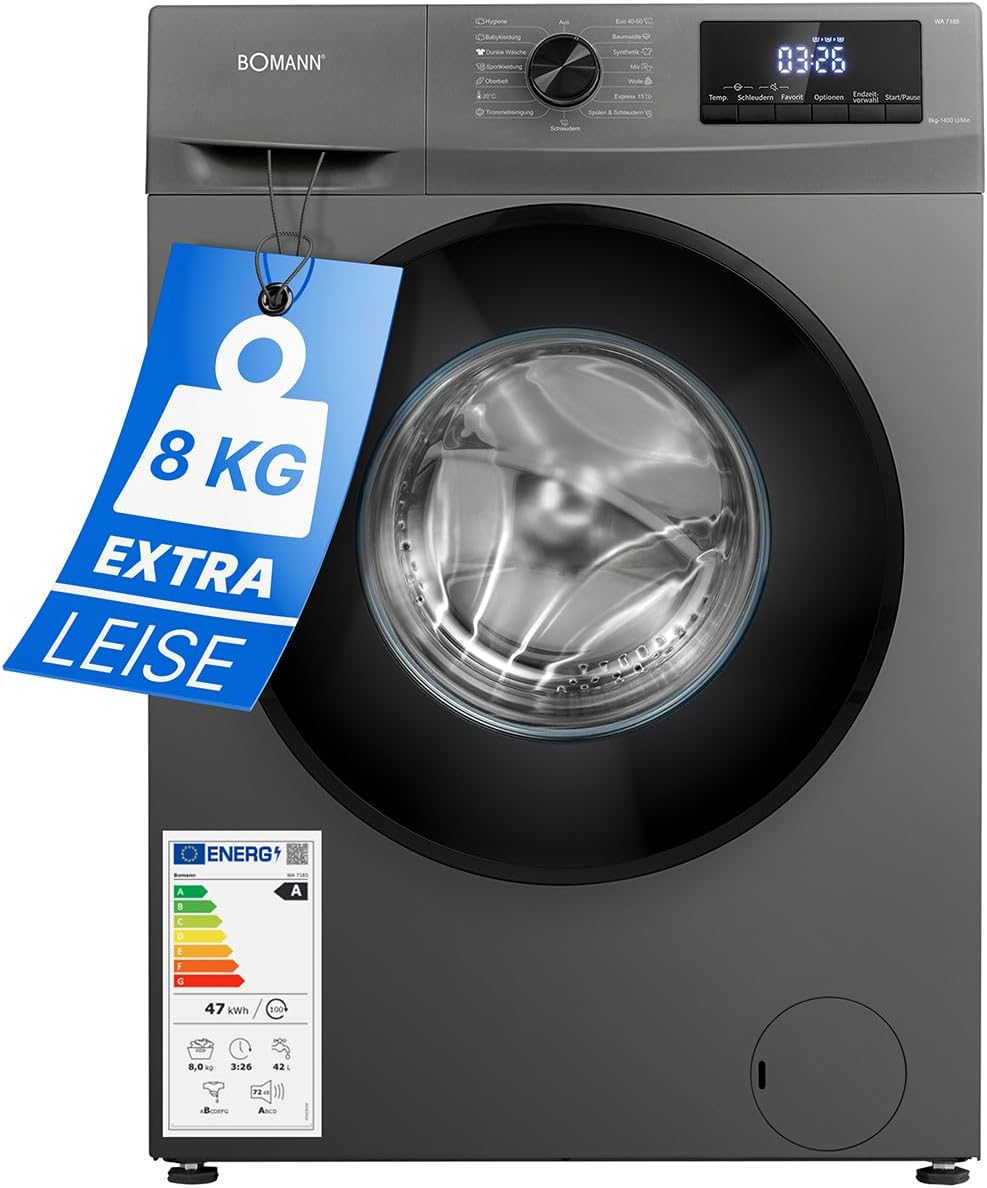 Bomann Waschmaschine 8kg | max. 1400 U/min | 10 Jahre Motor-Garantie | robuster, leiser & langlebiger Invertermotor | 15 Waschprogramme | LED-Display